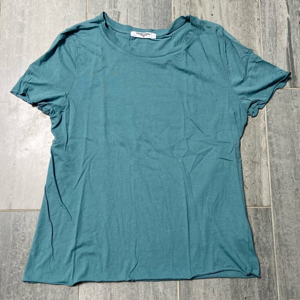 Project Social T Round Neck Relaxed Fit Raw Edges Tee Shirt Green Teal Sz Large